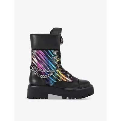 Kurt Geiger Womens  London Kensington Rainbow-weave Leather Combat Boots In Black/comb
