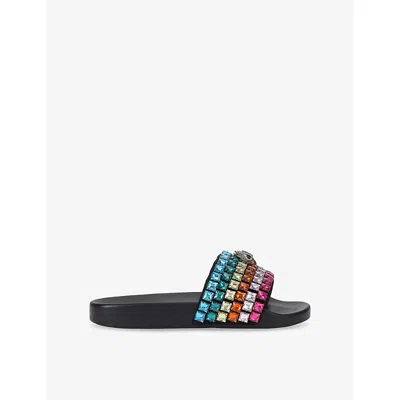 KURT GEIGER WOMENS BLACK/COMB MEENA EAGLE CRYSTAL-EMBELLISHED RUBBER SLIDERS EUR 40 / 7 UK