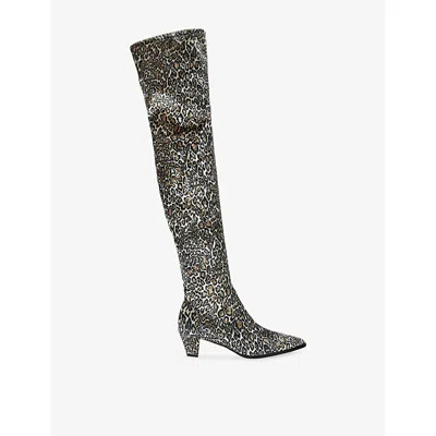 Kurt Geiger Womens Bloomsbury Leopard Velvet High Boots Beige Oth Eur 40 / 7 Uk In Multi