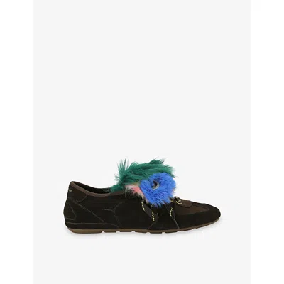 Kurt Geiger London Suede Faux-feather Wembley Sneakers In Brown