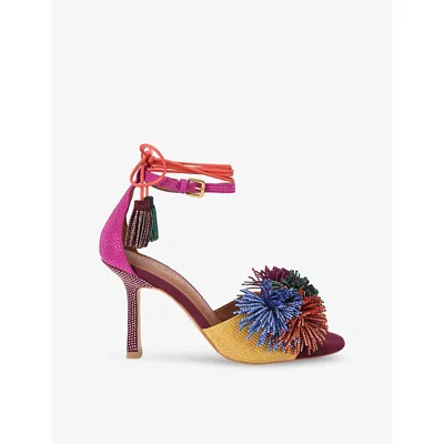 Kurt Geiger Womens Wine Comb Pom Pom Suede Heeled Sandals Eur 38/5 Uk