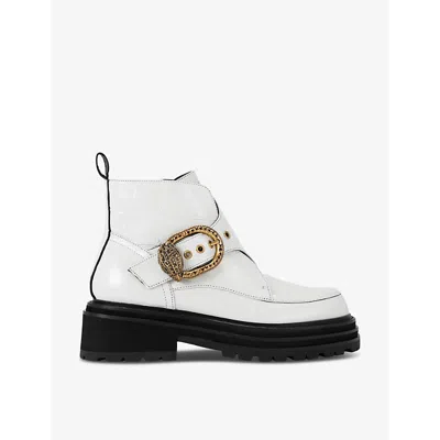 KURT GEIGER WOMENS BONE MAYFAIR BUCKLE-EMBELLISHED CHUNKY PATENT-LEATHER ANKLE BOOTS EUR 37 / 4 UK