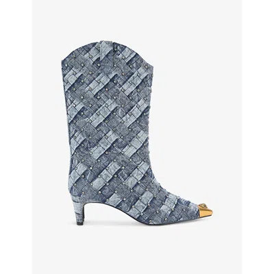 KURT GEIGER WOMENS REGENT CRYSTAL-EMBELLISHED HEELED DENIM CALF BOOTS EUR 37 / 4 UK