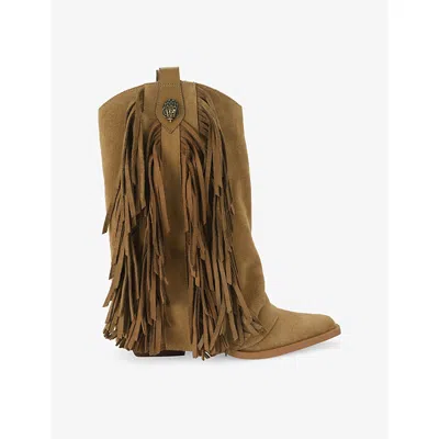 Kurt Geiger London Suede Gaiter Fringe Cowboy Boots In Brown