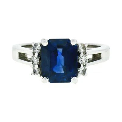 Pre-owned Kurt Wayne 18k Gold 3.12ct Agl Emerald Cut Blue Sapphire & Round Diamond Ring In Green