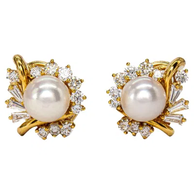 Pre-owned Kurt Wayne 18k Yellow Gold Pearl And Diamond Statement Earrings