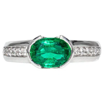 Pre-owned Kurt Wayne Vintage  1.20 Carat Oval Emerald And Diamond Platinum Ring In Green