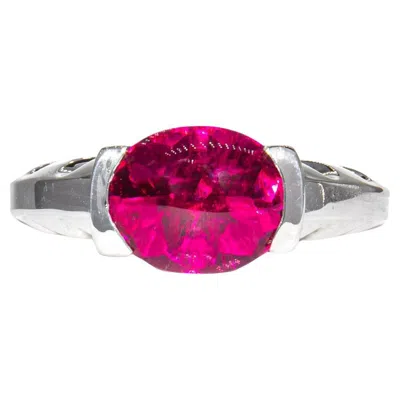 Pre-owned Kurt Wayne Vintage  3.35 Carat Rubellite Cabochon 18k White Gold Cocktail Ring