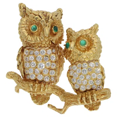 Pre-owned Kurt Wayne Vintage  Emerald And Owl Brooch In Yellow Gold