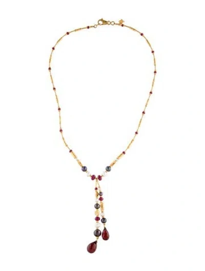 Pre-owned Kurtulan 23k Pearl, Garnet & Glass-filled Ruby Lariat Necklace, 16.25", 16.25" In Multi