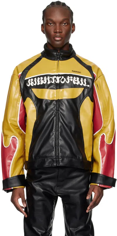 Kusikohc Black & Yellow Rider Faux-leather Jacket In Black/yellow Yasmine