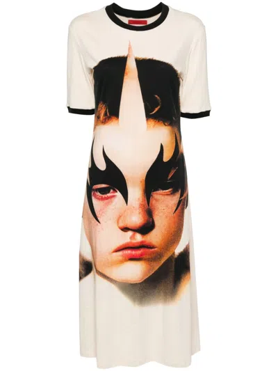 Kusikohc Fantasy Face Midi Dress In Neutrals