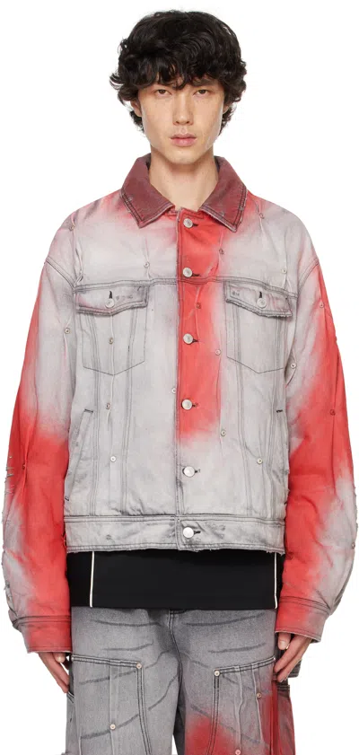 Kusikohc Gray & Red Padded Multi Rivet Denim Jacket In Grey Printed Red