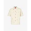 KUSIKOHC KUSIKOHC MEN'S CANNOLI CREAM RIVET-EMBELLISHED SHORT-SLEEVED DENIM SHIRT