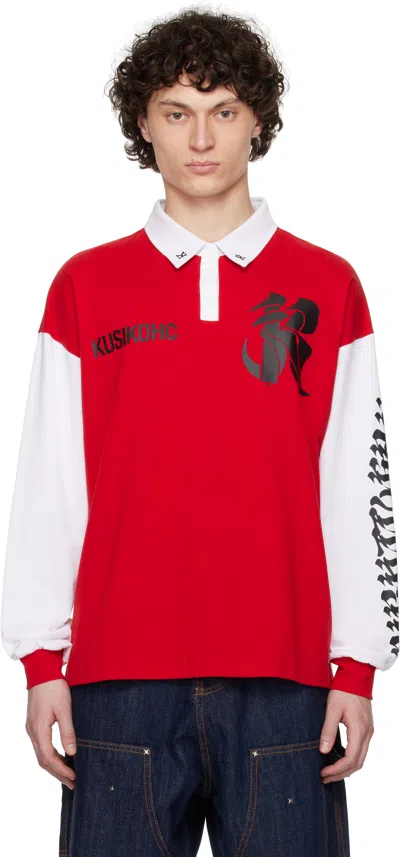 Kusikohc Red & White Rugby Long Sleeve Polo In Red White