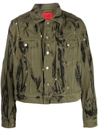 Kusikohc Stud-embellished Distressed Denim Jacket In Olive Green