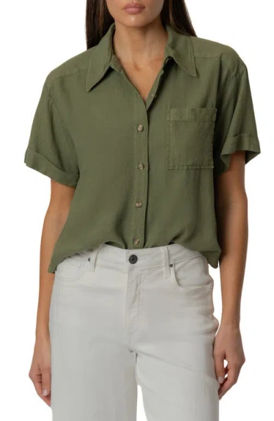 Kut From The Kloth Aida Linen Blend Short Sleeve Button-up Top In Green