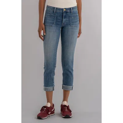 Kut From The Kloth Amy Frayed Patch Pocket Mid Rise Crop Slim Straight Leg Jeans In Blue