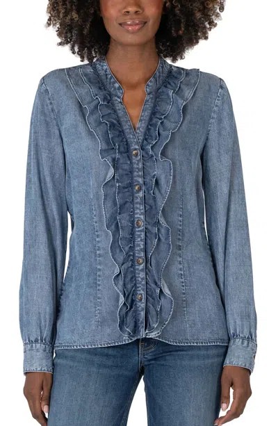 Kut From The Kloth Fallon Double Ruffle Button-up Shirt In Medium Wash In Blue