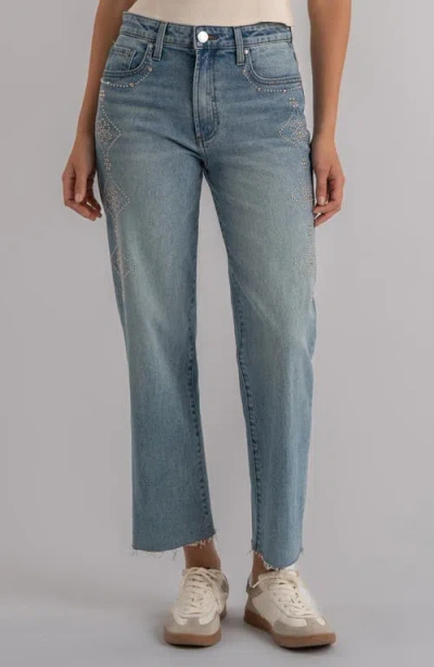 Kut From The Kloth Fay Embellished Raw Hem High Waist Ankle Straight Leg Jeans In Blue