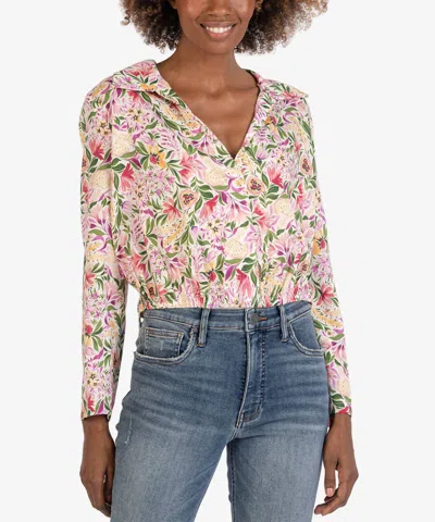 Kut From The Kloth Floral V-neck Blouse In Ivory/rose In White