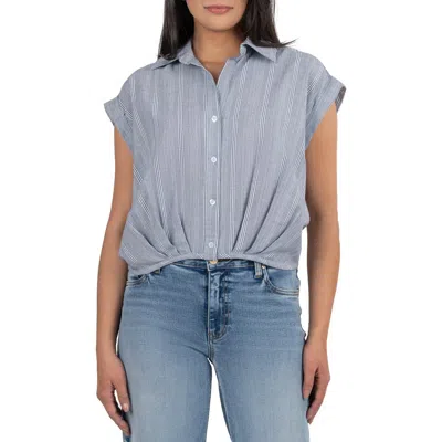 Kut From The Kloth Gaia Pleat Hem Short Sleeve Button-up Top In Grey/white