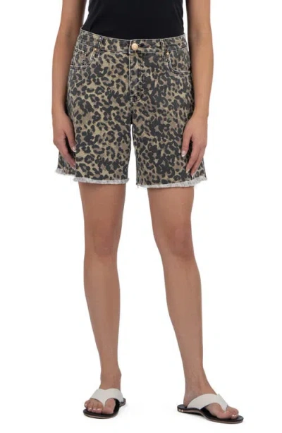 Kut From The Kloth Hailey Leopard Print Frayed Mid Thigh Denim Shorts