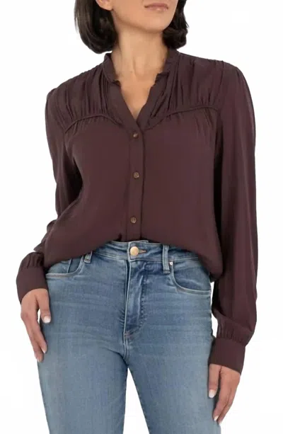 Kut From The Kloth Isley Button Shirt With Neck Ruffle In Chocolate Brown In Burgundy