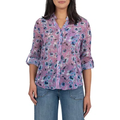 Kut From The Kloth Jasmine Chiffon Button-up Shirt In Blossom Journey Lilac Navy