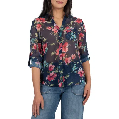 Kut From The Kloth Jasmine Chiffon Button-up Shirt In Potenza Navy Aqua