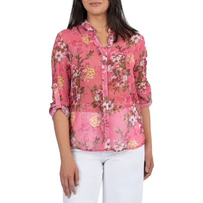 Kut From The Kloth Jasmine Chiffon Button-up Shirt In Quartu Bouquet Pink Olive