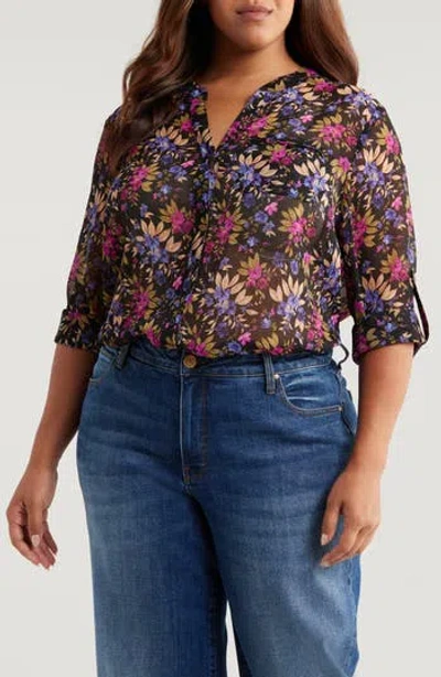 Kut From The Kloth Jasmine Roll Sleeve Top In Lucena-black/magenta