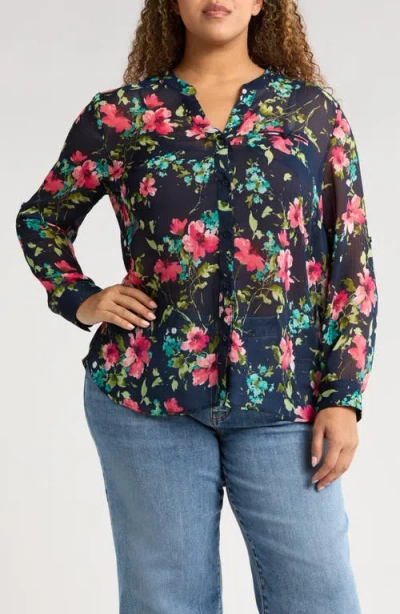 Kut From The Kloth Jasmine Roll Sleeve Top In Amboise Navy Magenta