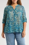 Kut From The Kloth Jasmine Roll Sleeve Top In Potenza Navy Aqua
