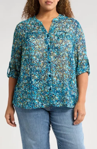 Kut From The Kloth Jasmine Roll Sleeve Top In Potenza Navy Aqua