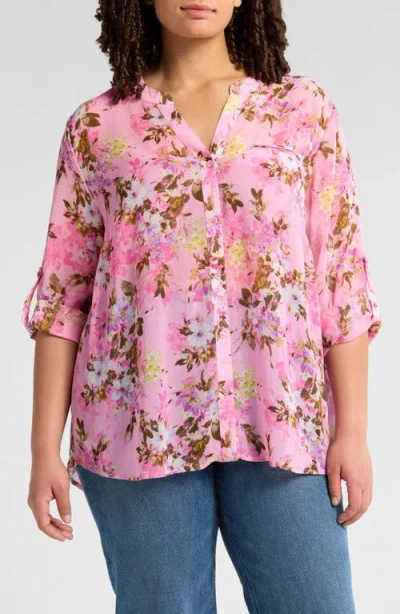 Kut From The Kloth Jasmine Roll Sleeve Top In Quartu Bouquet Pink Olive