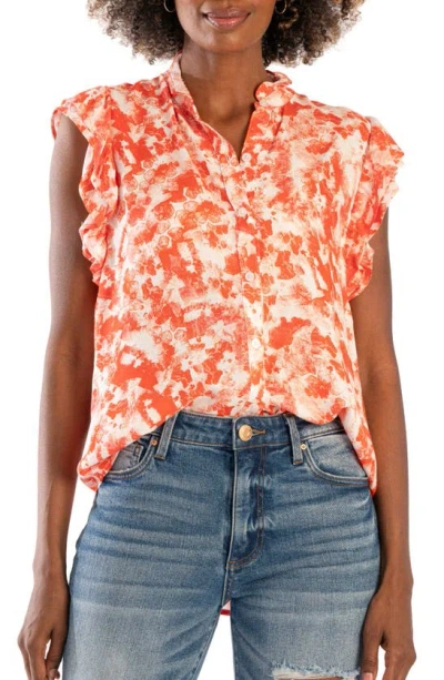 Kut From The Kloth Katalia Ruffle Cap Sleeve High-low Button-up Top In Alicante-coral