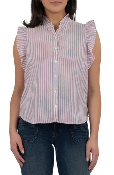 Kut From The Kloth Katara Sleeveless Ruffle Button-up Shirt In Pink/blue/white