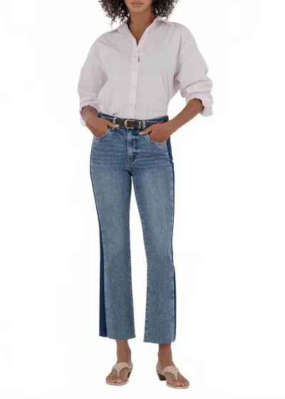 Kut From The Kloth Kelsey High Rise Ankle Flare With Raw Hems Jeans In Inerrant With Dark Base Wash In Blue