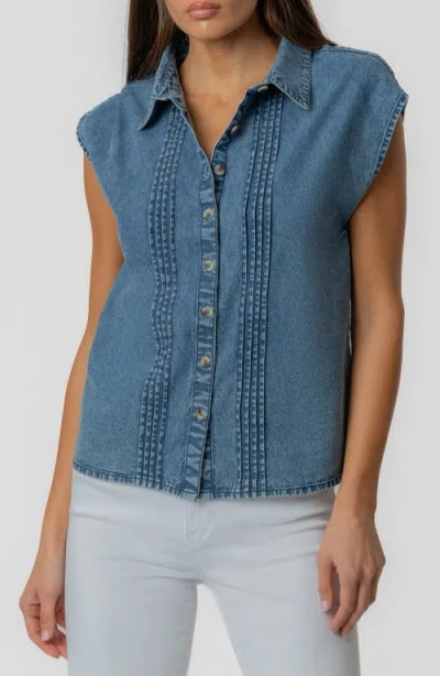 Kut From The Kloth Penelope Pintuck Cap Sleeve Denim Shirt In Blue