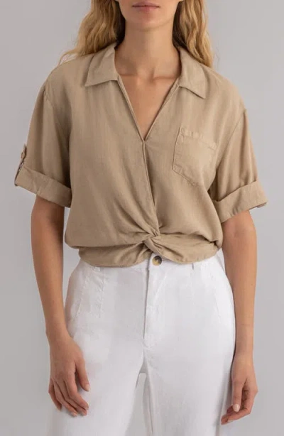 Kut From The Kloth Rebel Knot Front Linen Blend Top In Brown