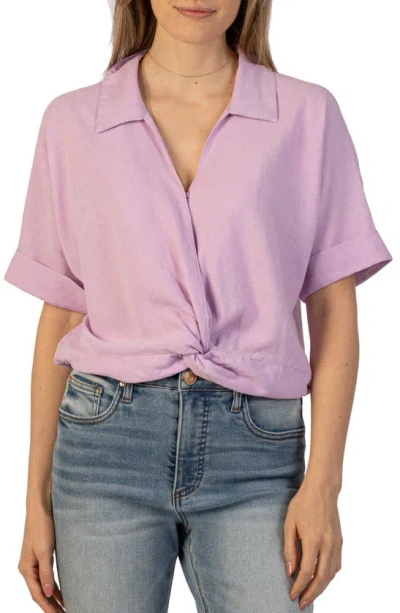 Kut From The Kloth Rebel Knot Front Linen Blend Top In Lavender