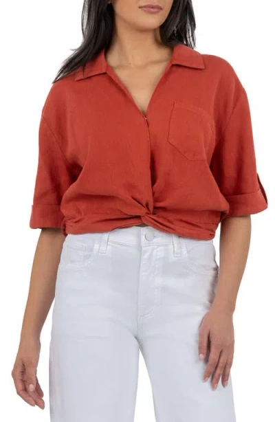 Kut From The Kloth Rebel Knot Front Linen Blend Top In Red