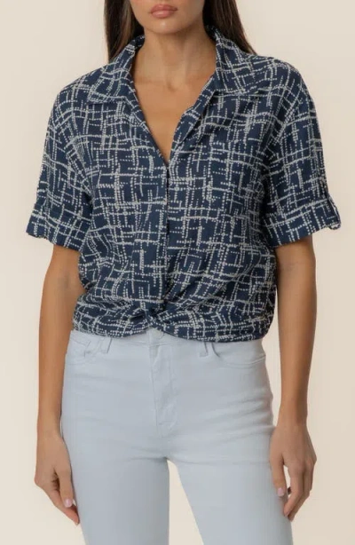 Kut From The Kloth Rebel Printed Knot Front Linen Blend Top In Blue