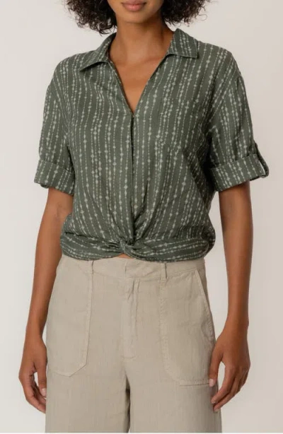 Kut From The Kloth Rebel Printed Knot Front Linen Blend Top In Green