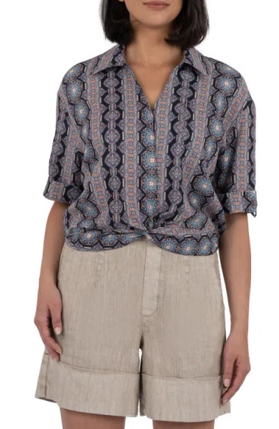 Kut From The Kloth Rebel Printed Knot Front Linen Blend Top In Multi