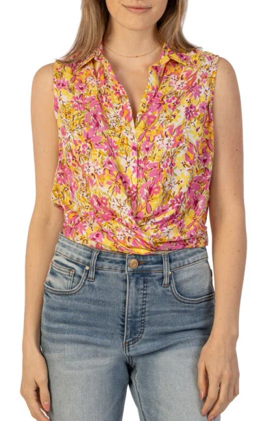Kut From The Kloth Renata Floral Front Twist Sleeveless Button-up Top In Cordoba-pink/ Yo