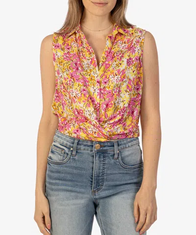 Kut From The Kloth Renata Floral Front Twist Sleeveless Button-up Top In Cordoba-pink/yo