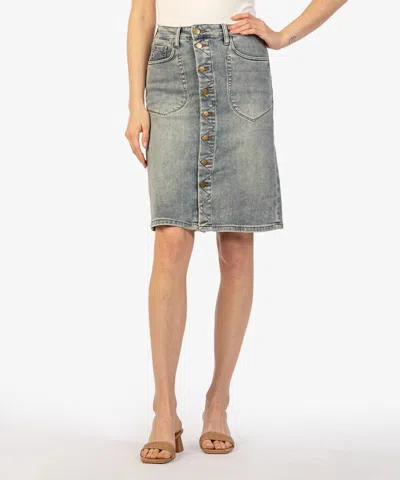 KUT FROM THE KLOTH ROSE BUTTON FRONT DENIM SKIRT IN 89% COTTON, 10% POLYESTER, 1% SPANDEX