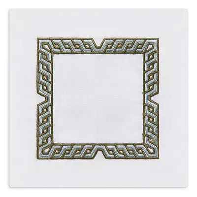 Kutnia Aegean Key Embroidered Linen Cocktail Napkin, Set Of 4 In Green
